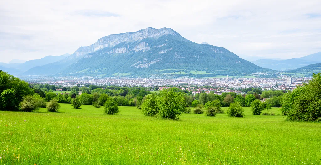Panorama verdoyant de Haute-Savoie avec Genève en arrière-plan
